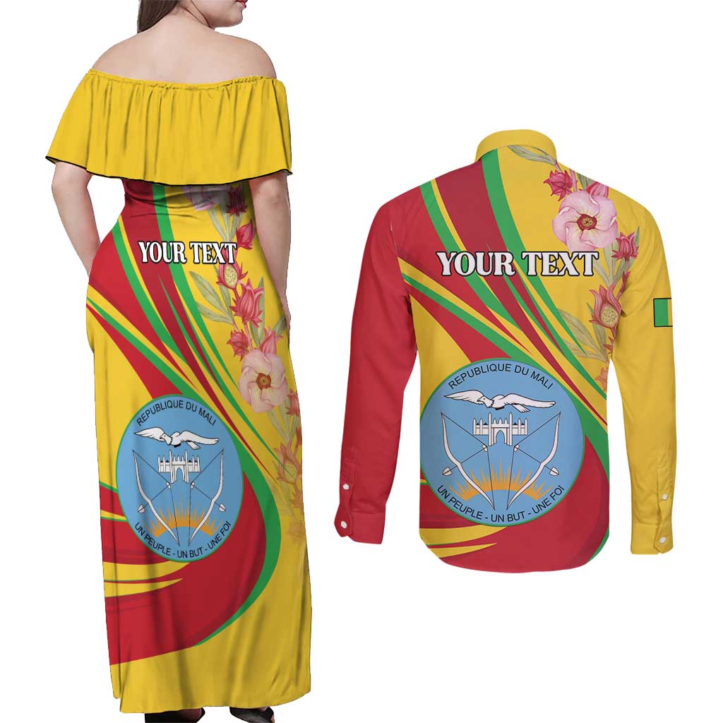 Personalized Mali Independence Day Couples Matching Off Shoulder Maxi Dress and Long Sleeve Button Shirt Coat Of Arms With Hibiscus Sabdariffa - Wonder Print Shop