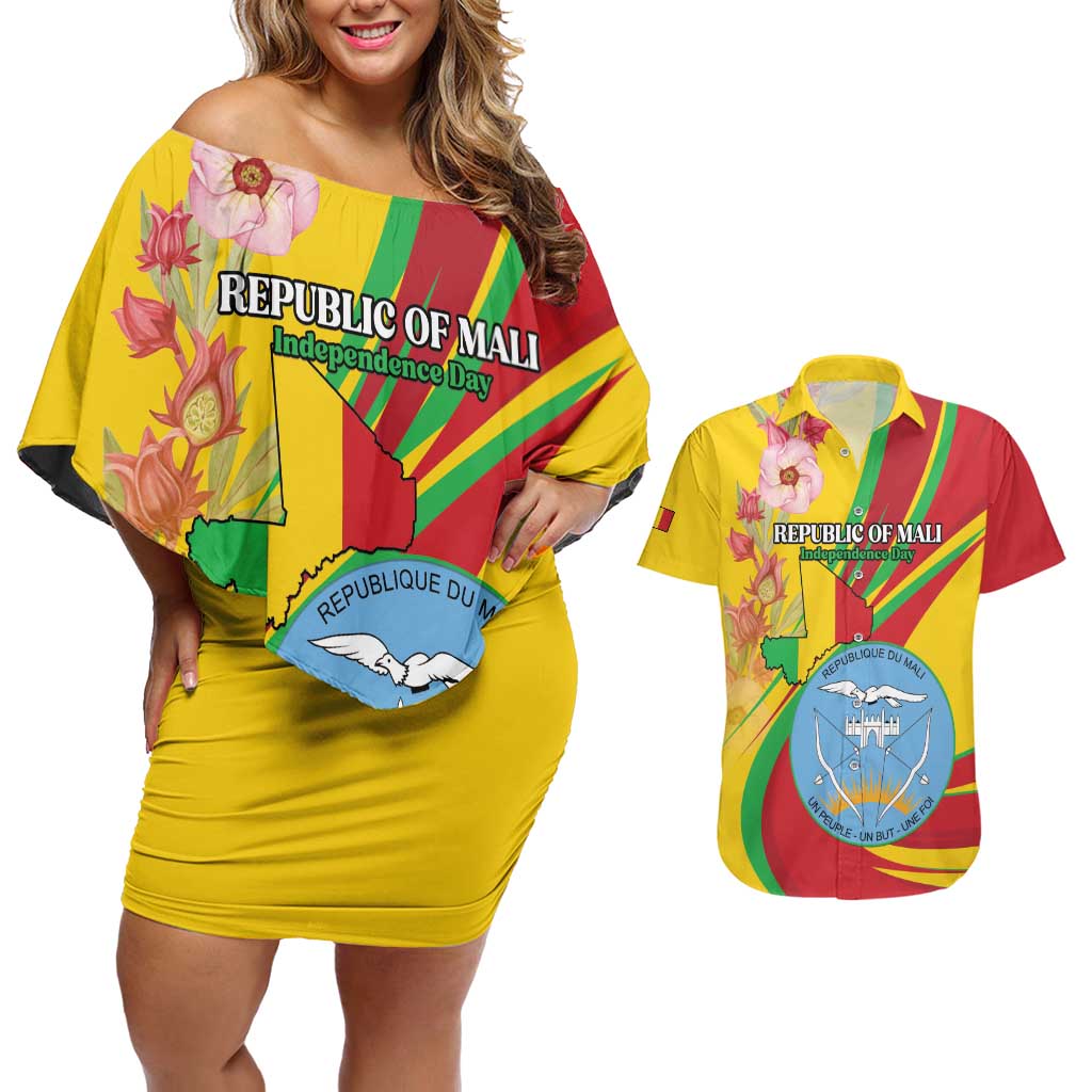 Personalized Mali Independence Day Couples Matching Off Shoulder Short Dress and Hawaiian Shirt Coat Of Arms With Hibiscus Sabdariffa - Wonder Print Shop