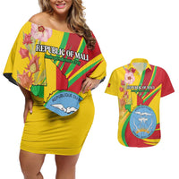 Personalized Mali Independence Day Couples Matching Off Shoulder Short Dress and Hawaiian Shirt Coat Of Arms With Hibiscus Sabdariffa - Wonder Print Shop