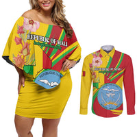 Personalized Mali Independence Day Couples Matching Off Shoulder Short Dress and Long Sleeve Button Shirt Coat Of Arms With Hibiscus Sabdariffa - Wonder Print Shop