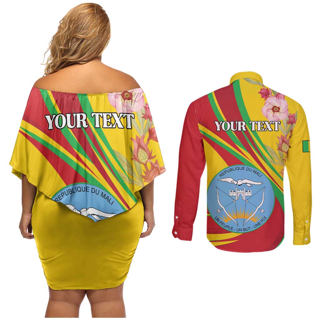 Personalized Mali Independence Day Couples Matching Off Shoulder Short Dress and Long Sleeve Button Shirt Coat Of Arms With Hibiscus Sabdariffa - Wonder Print Shop