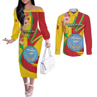 Personalized Mali Independence Day Couples Matching Off The Shoulder Long Sleeve Dress and Long Sleeve Button Shirt Coat Of Arms With Hibiscus Sabdariffa - Wonder Print Shop