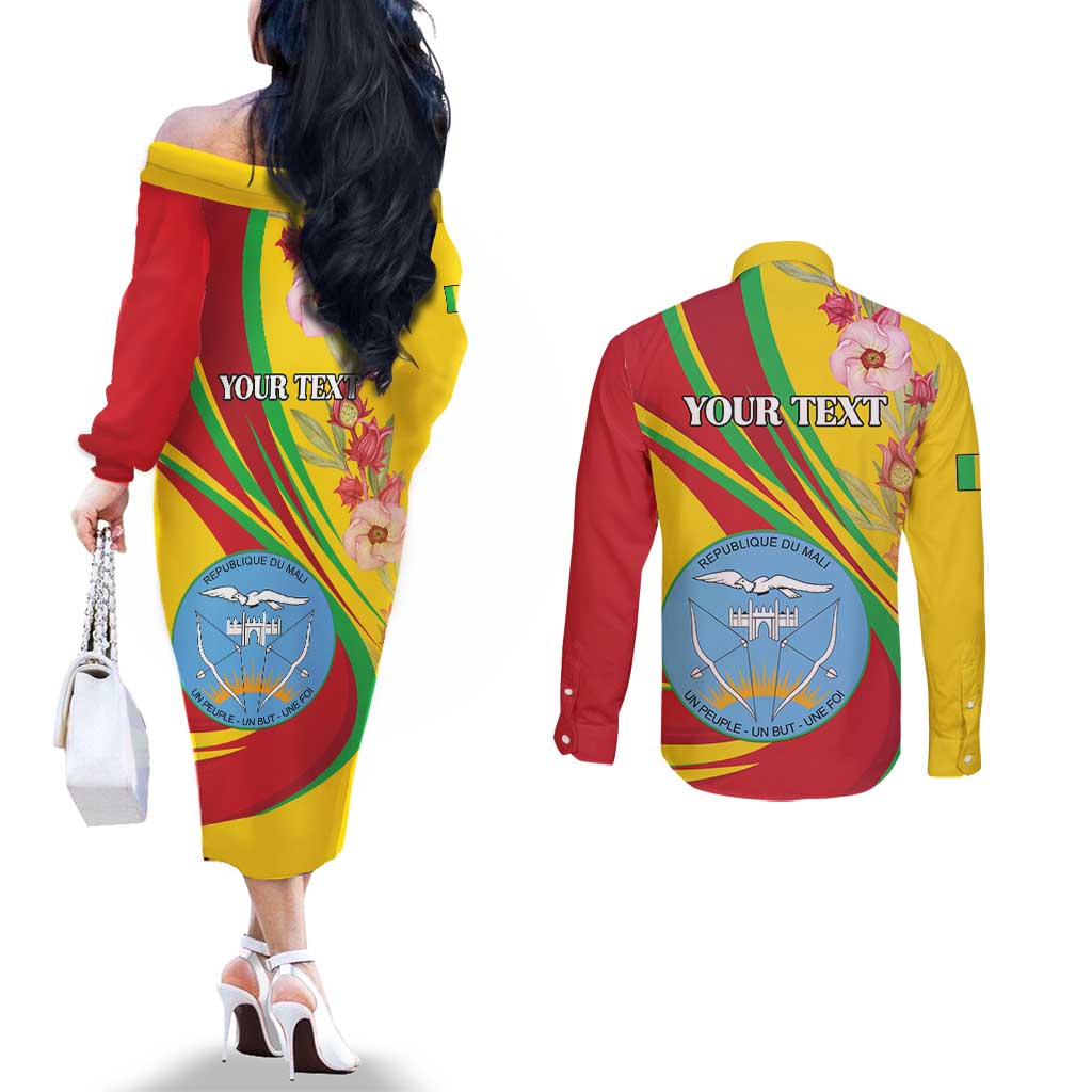 Personalized Mali Independence Day Couples Matching Off The Shoulder Long Sleeve Dress and Long Sleeve Button Shirt Coat Of Arms With Hibiscus Sabdariffa - Wonder Print Shop