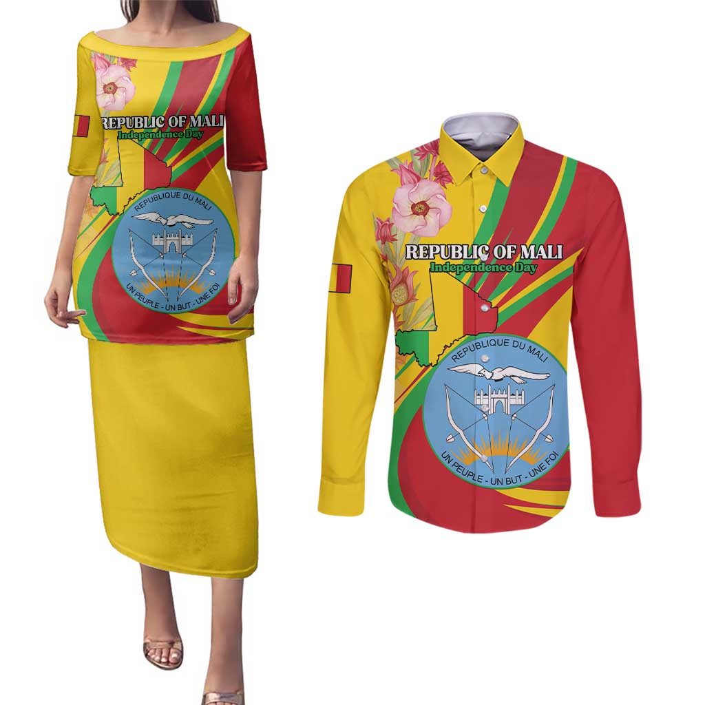 Personalized Mali Independence Day Couples Matching Puletasi and Long Sleeve Button Shirt Coat Of Arms With Hibiscus Sabdariffa - Wonder Print Shop