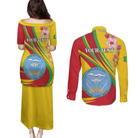 Personalized Mali Independence Day Couples Matching Puletasi and Long Sleeve Button Shirt Coat Of Arms With Hibiscus Sabdariffa - Wonder Print Shop