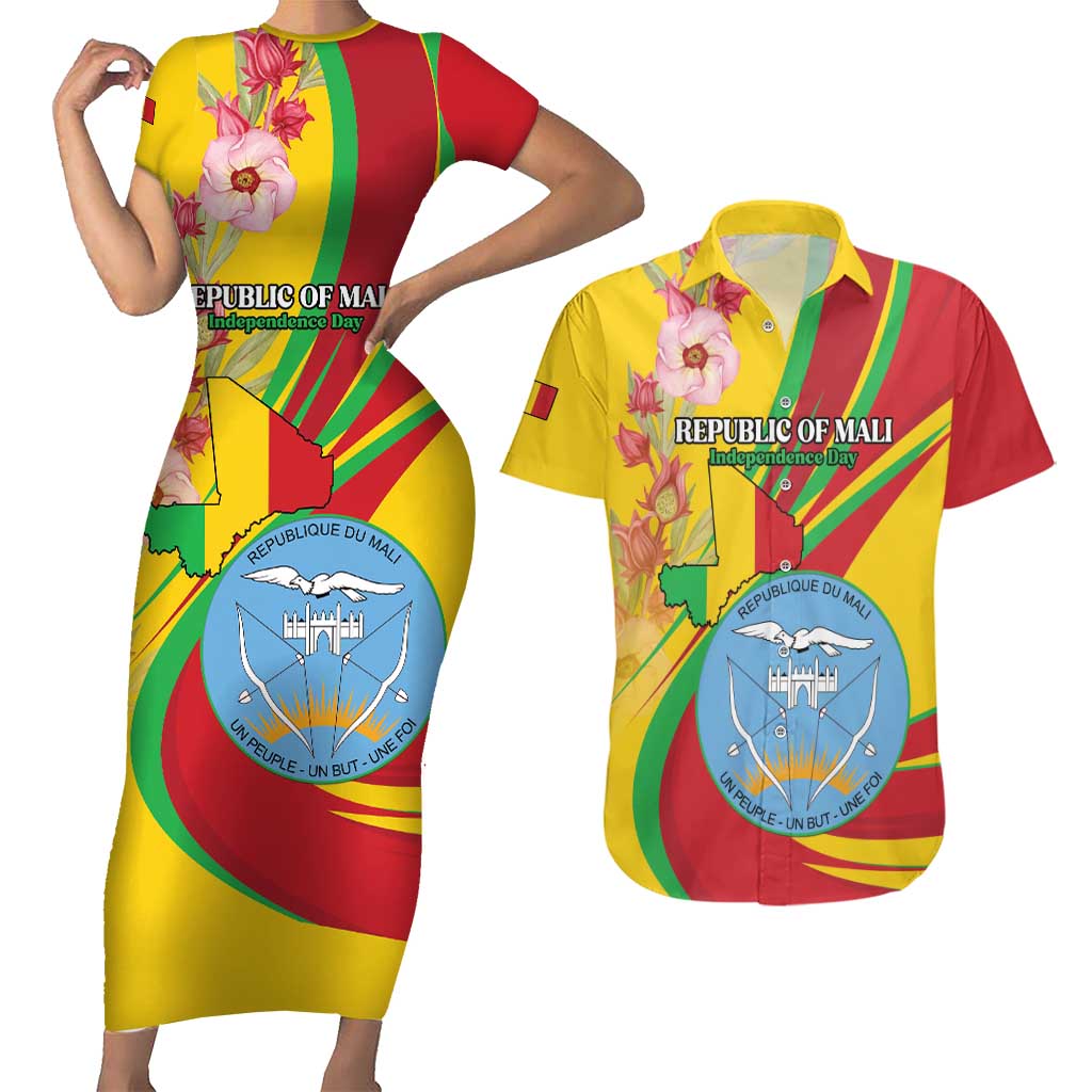 Personalized Mali Independence Day Couples Matching Short Sleeve Bodycon Dress and Hawaiian Shirt Coat Of Arms With Hibiscus Sabdariffa - Wonder Print Shop