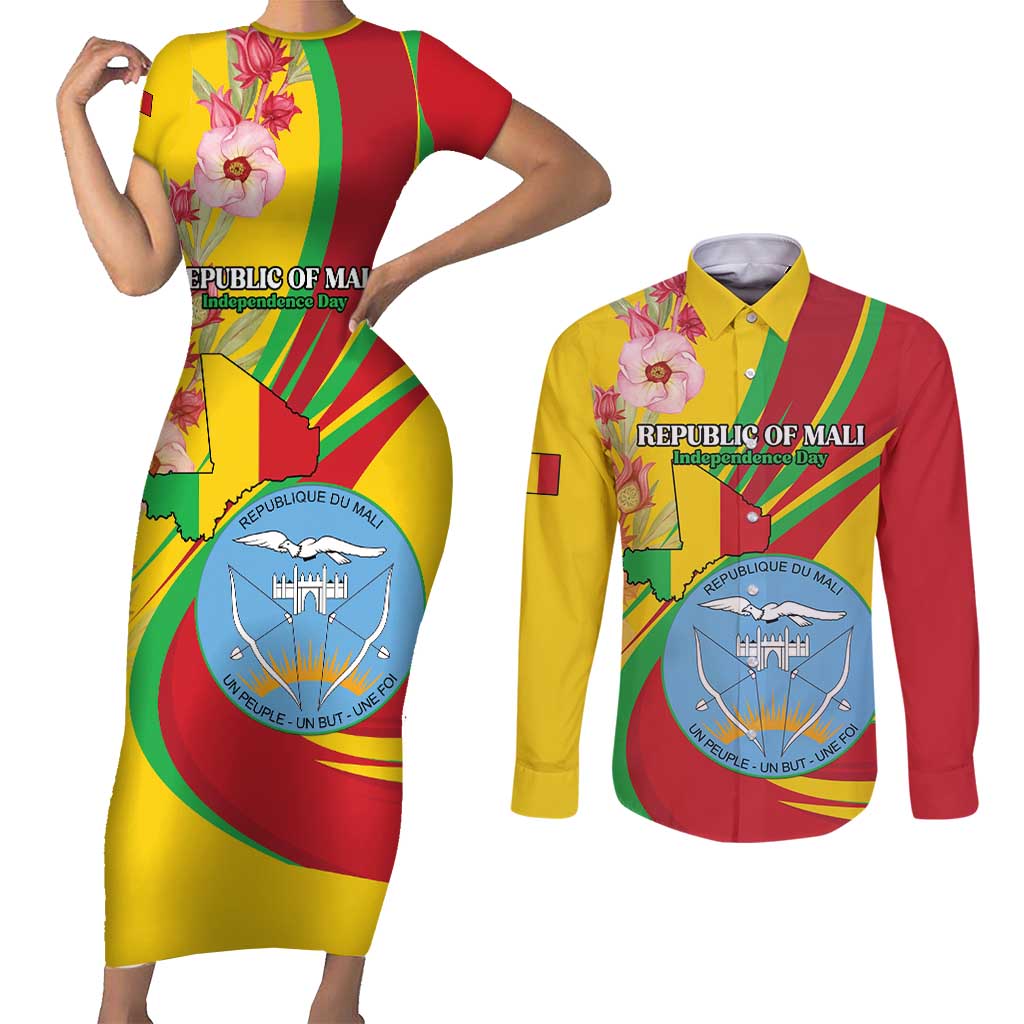 Personalized Mali Independence Day Couples Matching Short Sleeve Bodycon Dress and Long Sleeve Button Shirt Coat Of Arms With Hibiscus Sabdariffa - Wonder Print Shop