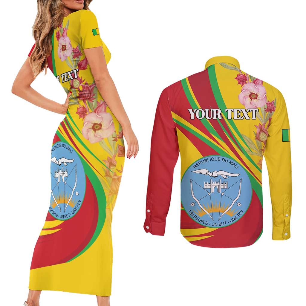 Personalized Mali Independence Day Couples Matching Short Sleeve Bodycon Dress and Long Sleeve Button Shirt Coat Of Arms With Hibiscus Sabdariffa - Wonder Print Shop