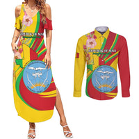 Personalized Mali Independence Day Couples Matching Summer Maxi Dress and Long Sleeve Button Shirt Coat Of Arms With Hibiscus Sabdariffa - Wonder Print Shop