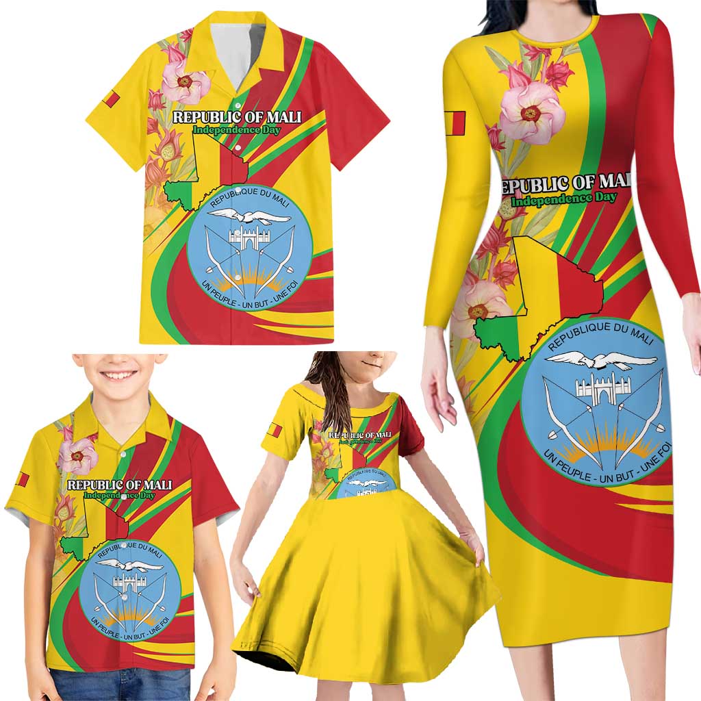 Personalized Mali Independence Day Family Matching Long Sleeve Bodycon Dress and Hawaiian Shirt Coat Of Arms With Hibiscus Sabdariffa - Wonder Print Shop
