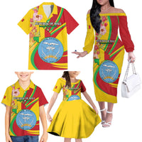 Personalized Mali Independence Day Family Matching Off The Shoulder Long Sleeve Dress and Hawaiian Shirt Coat Of Arms With Hibiscus Sabdariffa - Wonder Print Shop