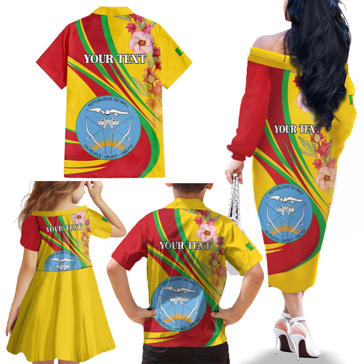 Personalized Mali Independence Day Family Matching Off The Shoulder Long Sleeve Dress and Hawaiian Shirt Coat Of Arms With Hibiscus Sabdariffa - Wonder Print Shop