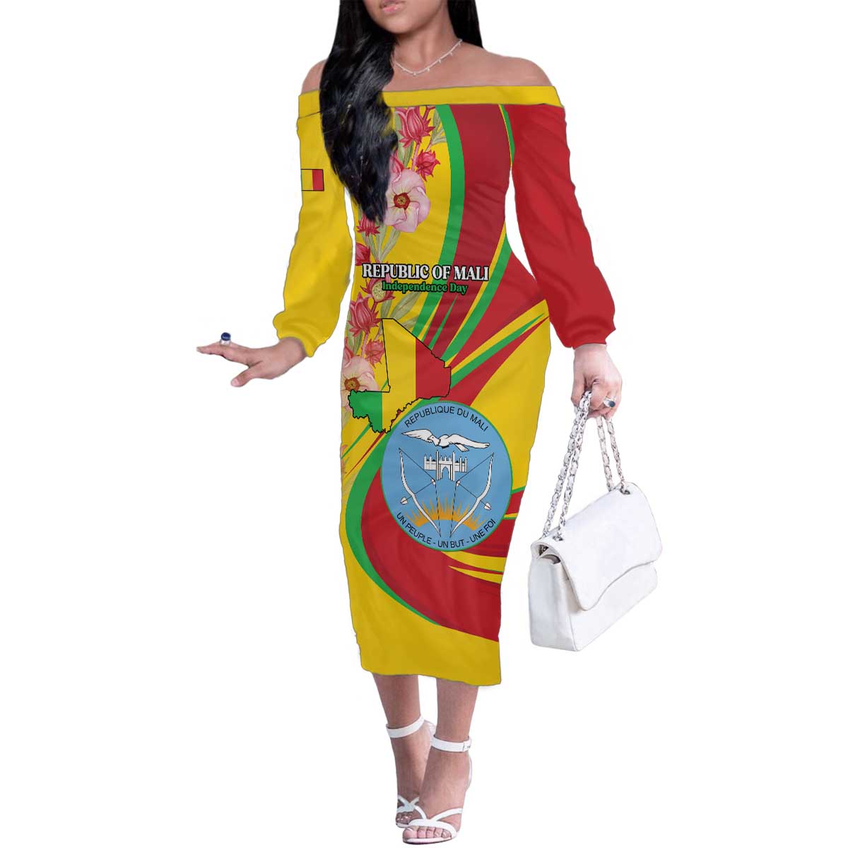 Personalized Mali Independence Day Family Matching Off The Shoulder Long Sleeve Dress and Hawaiian Shirt Coat Of Arms With Hibiscus Sabdariffa - Wonder Print Shop