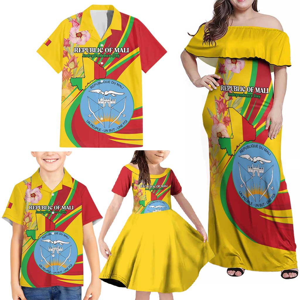 Personalized Mali Independence Day Family Matching Off Shoulder Maxi Dress and Hawaiian Shirt Coat Of Arms With Hibiscus Sabdariffa - Wonder Print Shop