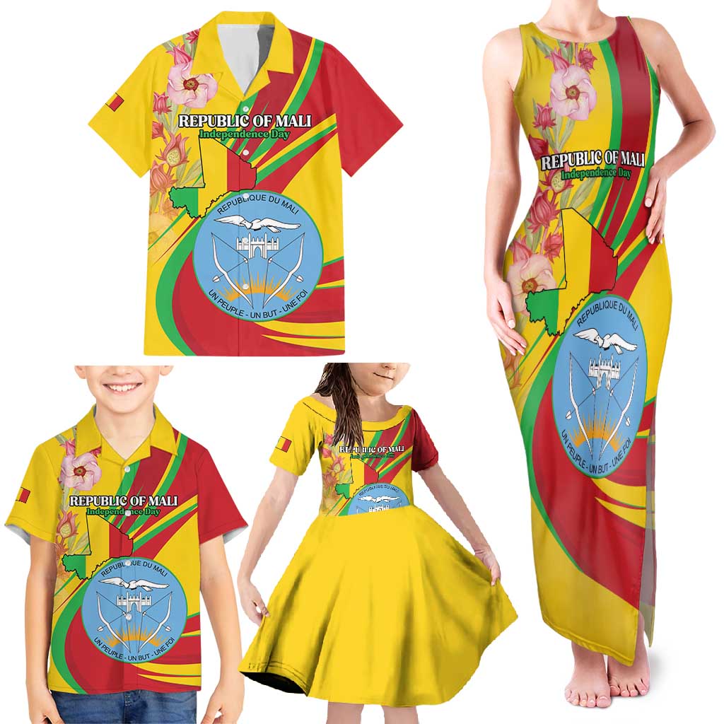 Personalized Mali Independence Day Family Matching Tank Maxi Dress and Hawaiian Shirt Coat Of Arms With Hibiscus Sabdariffa - Wonder Print Shop