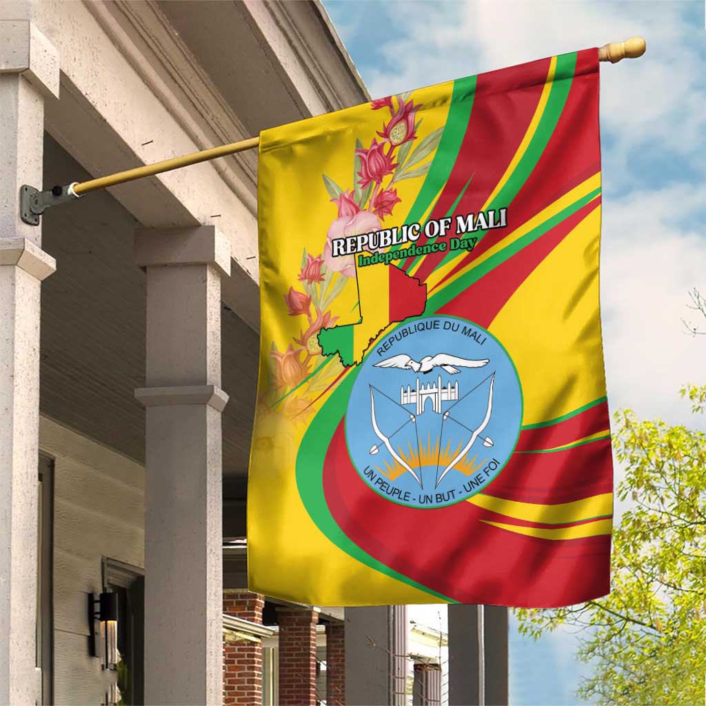 Mali Independence Day Garden Flag Coat Of Arms With Hibiscus Sabdariffa - Wonder Print Shop