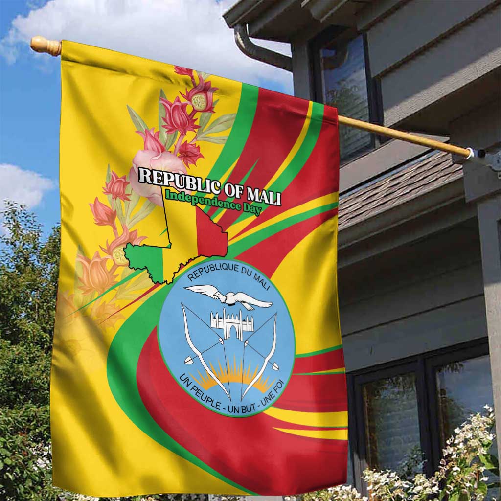 Mali Independence Day Garden Flag Coat Of Arms With Hibiscus Sabdariffa - Wonder Print Shop