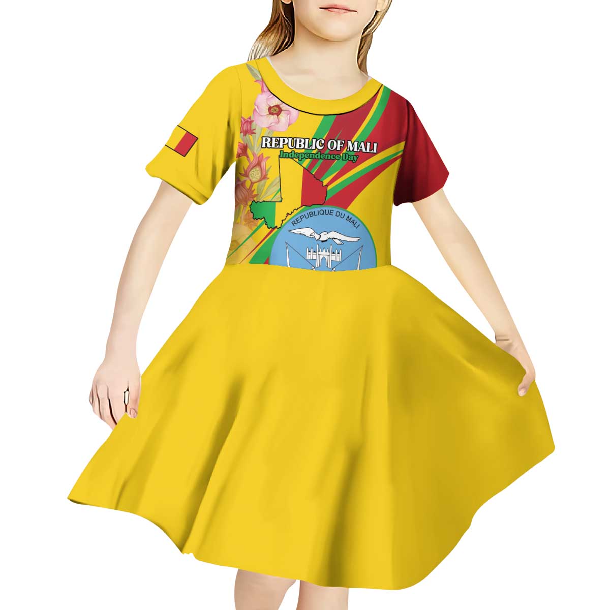 Personalized Mali Independence Day Kid Short Sleeve Dress Coat Of Arms With Hibiscus Sabdariffa - Wonder Print Shop