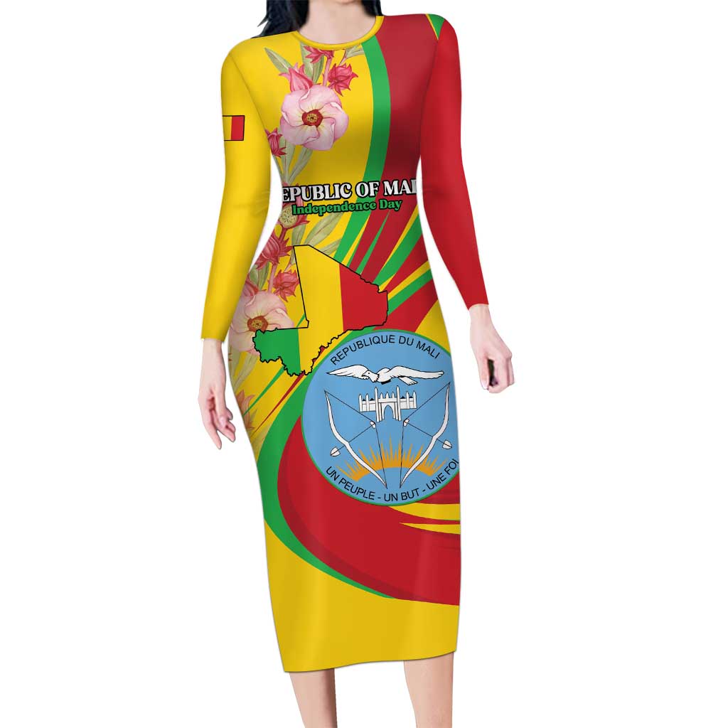 Personalized Mali Independence Day Long Sleeve Bodycon Dress Coat Of Arms With Hibiscus Sabdariffa - Wonder Print Shop