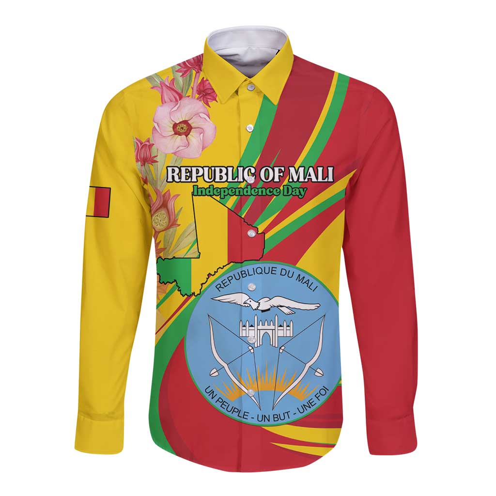 Personalized Mali Independence Day Long Sleeve Button Shirt Coat Of Arms With Hibiscus Sabdariffa - Wonder Print Shop