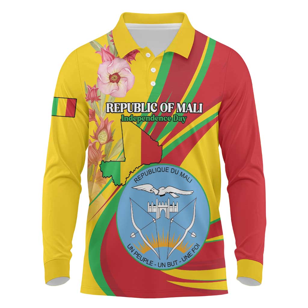 Personalized Mali Independence Day Long Sleeve Polo Shirt Coat Of Arms With Hibiscus Sabdariffa - Wonder Print Shop