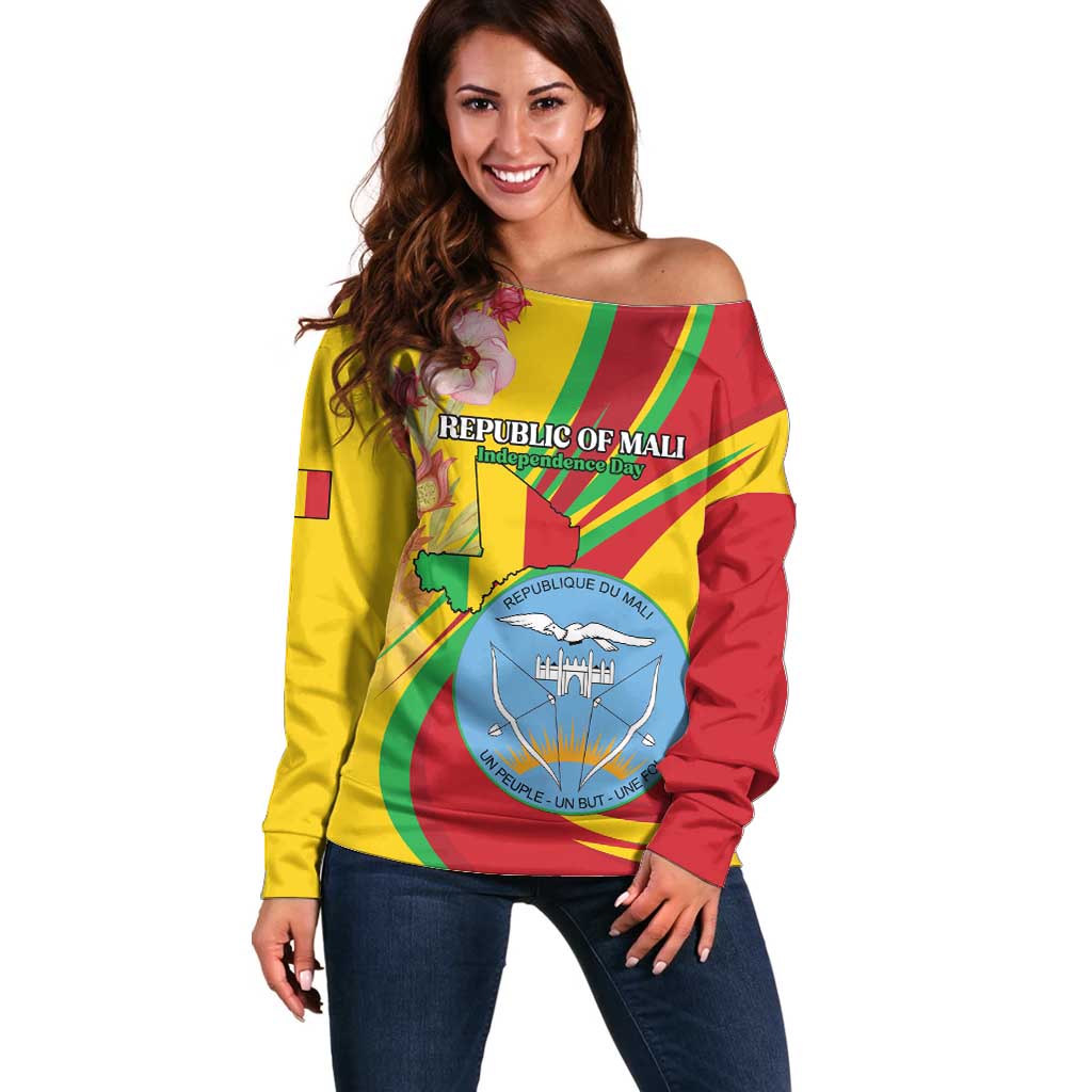 Personalized Mali Independence Day Off Shoulder Sweater Coat Of Arms With Hibiscus Sabdariffa - Wonder Print Shop