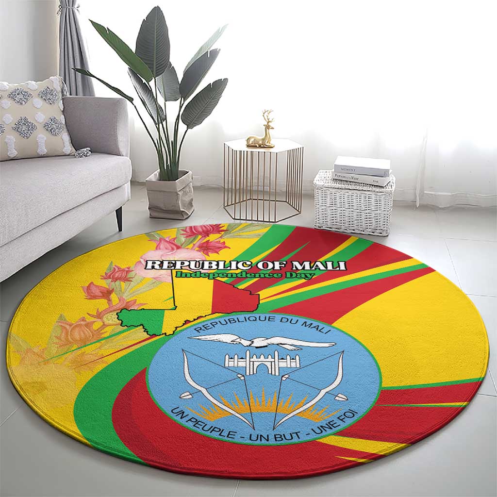 Mali Independence Day Round Carpet Coat Of Arms With Hibiscus Sabdariffa - Wonder Print Shop