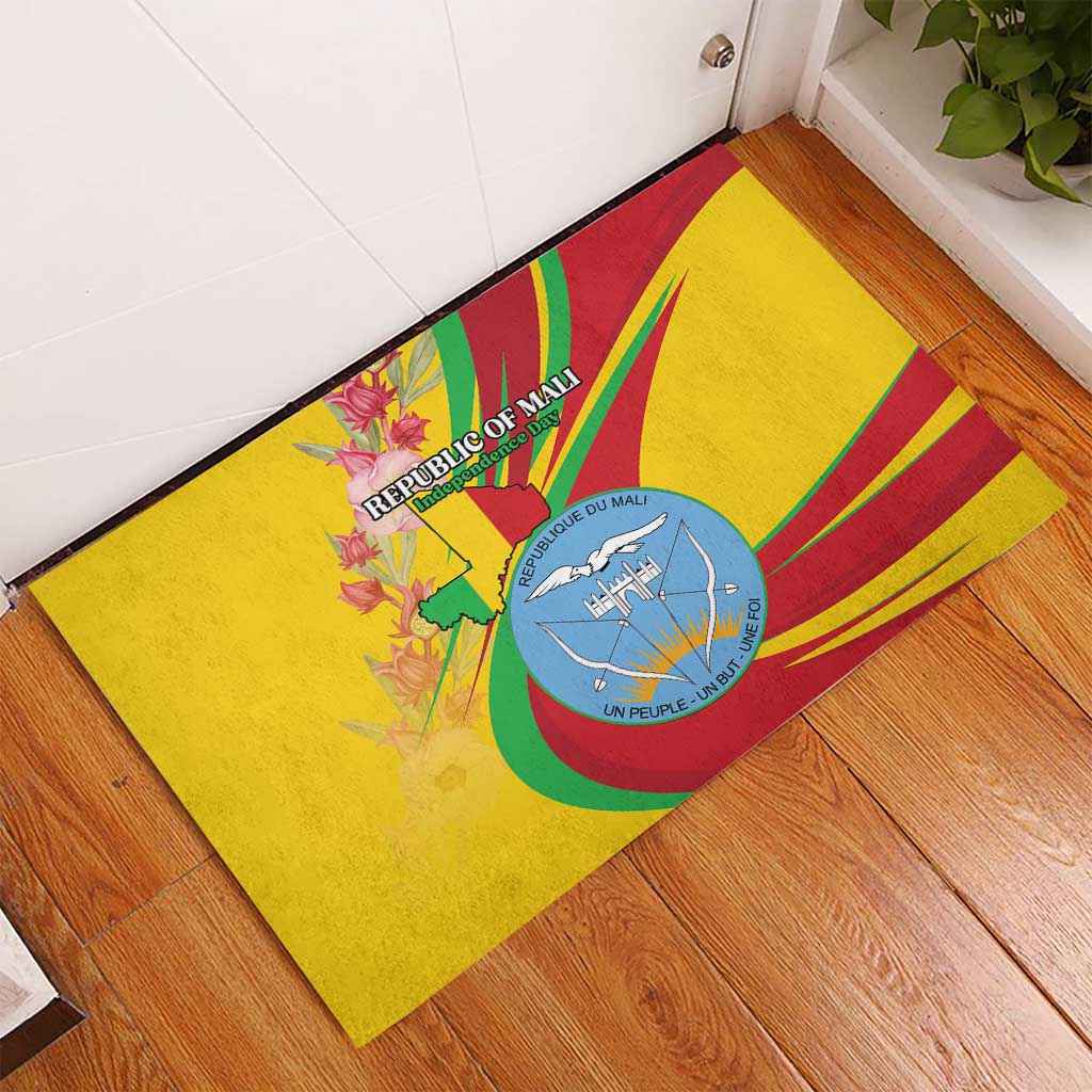 Mali Independence Day Rubber Doormat Coat Of Arms With Hibiscus Sabdariffa - Wonder Print Shop