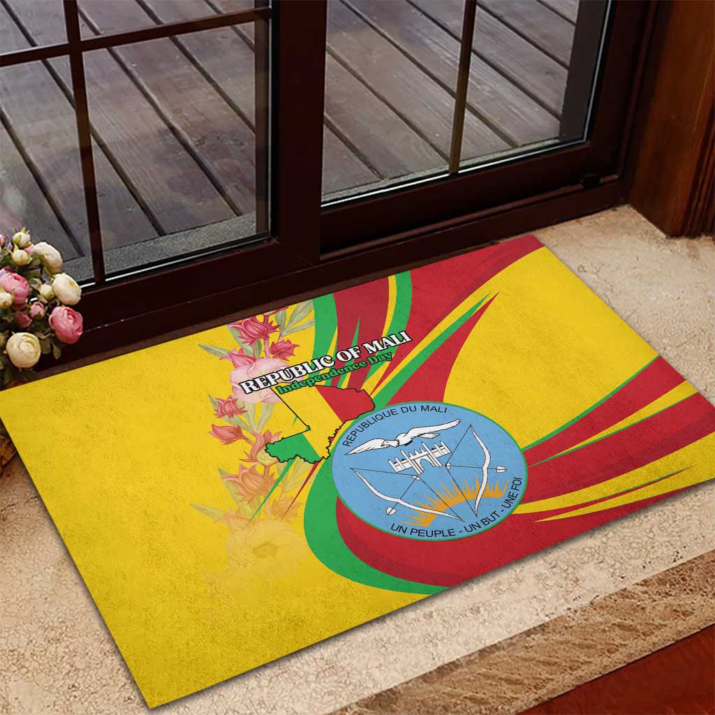 Mali Independence Day Rubber Doormat Coat Of Arms With Hibiscus Sabdariffa - Wonder Print Shop