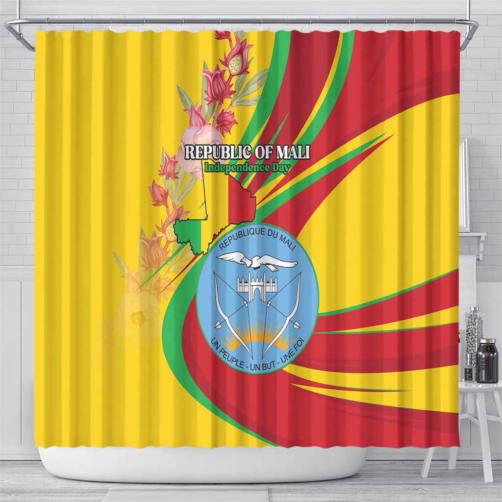 Mali Independence Day Shower Curtain Coat Of Arms With Hibiscus Sabdariffa - Wonder Print Shop