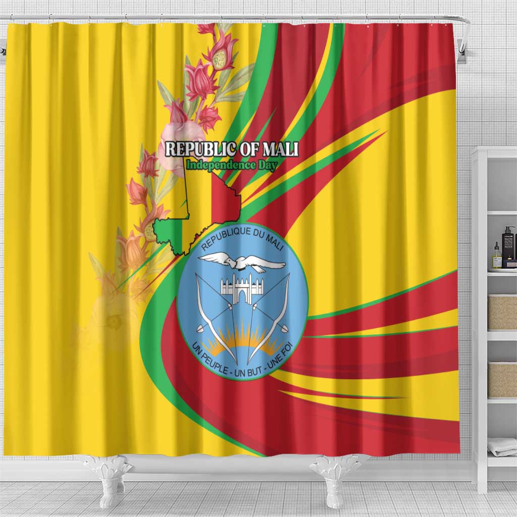 Mali Independence Day Shower Curtain Coat Of Arms With Hibiscus Sabdariffa - Wonder Print Shop