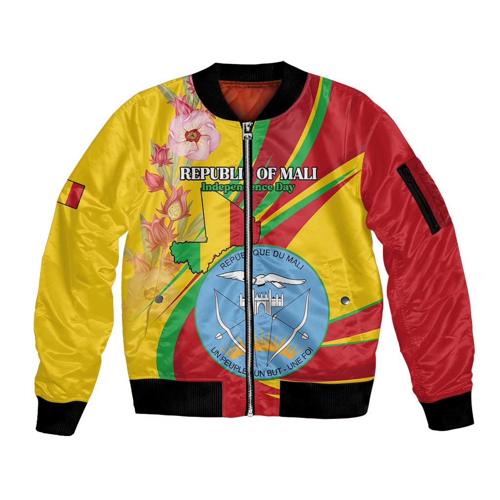 Personalized Mali Independence Day Sleeve Zip Bomber Jacket Coat Of Arms With Hibiscus Sabdariffa - Wonder Print Shop