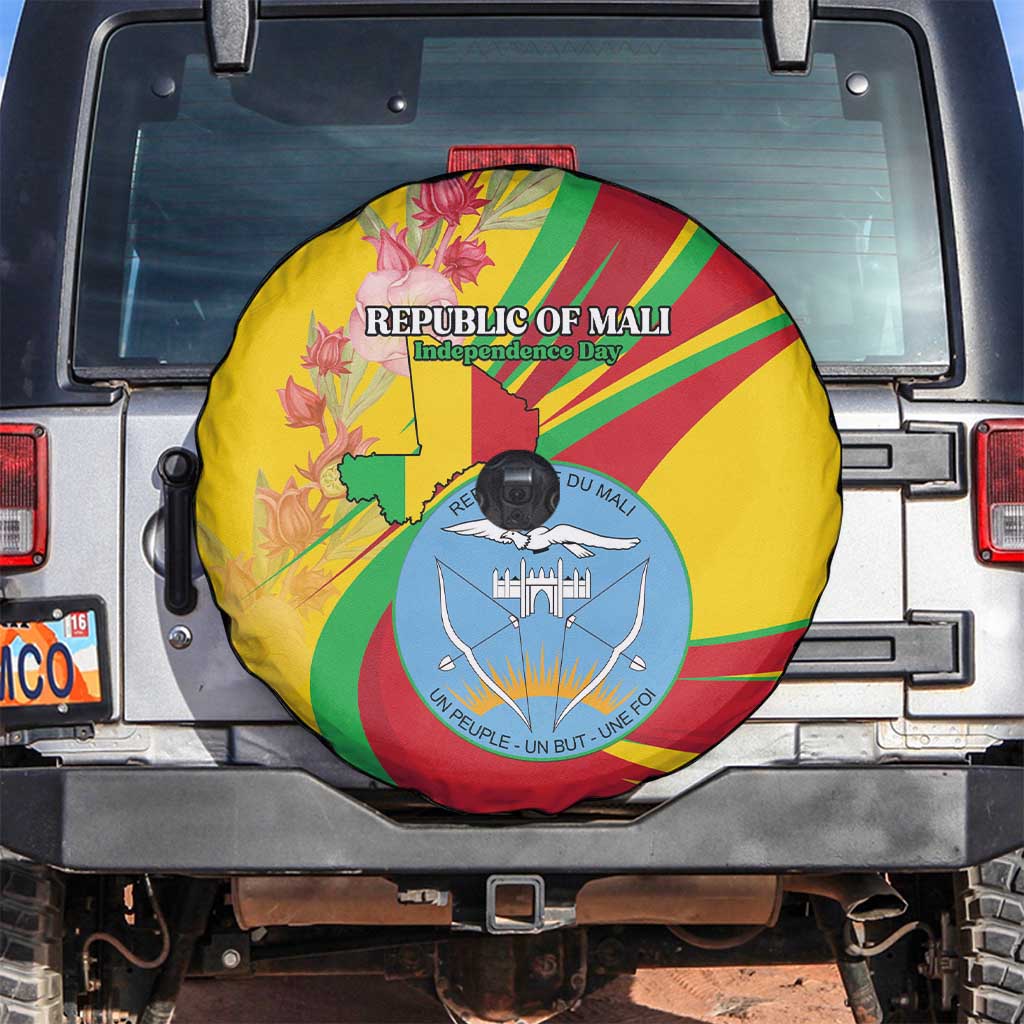 Mali Independence Day Spare Tire Cover Coat Of Arms With Hibiscus Sabdariffa - Wonder Print Shop