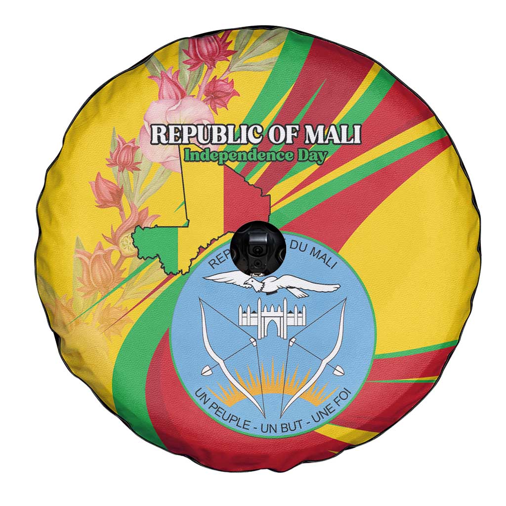 Mali Independence Day Spare Tire Cover Coat Of Arms With Hibiscus Sabdariffa - Wonder Print Shop