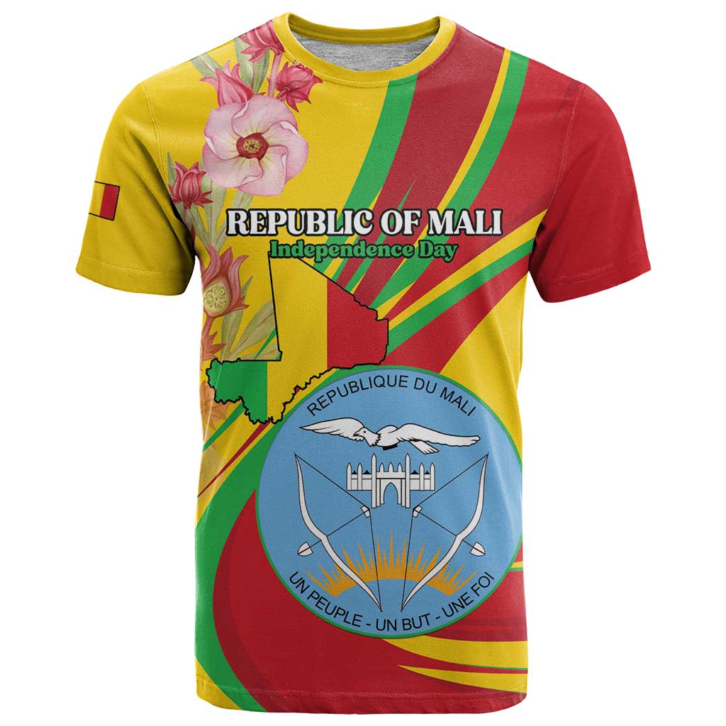 Personalized Mali Independence Day T Shirt Coat Of Arms With Hibiscus Sabdariffa - Wonder Print Shop