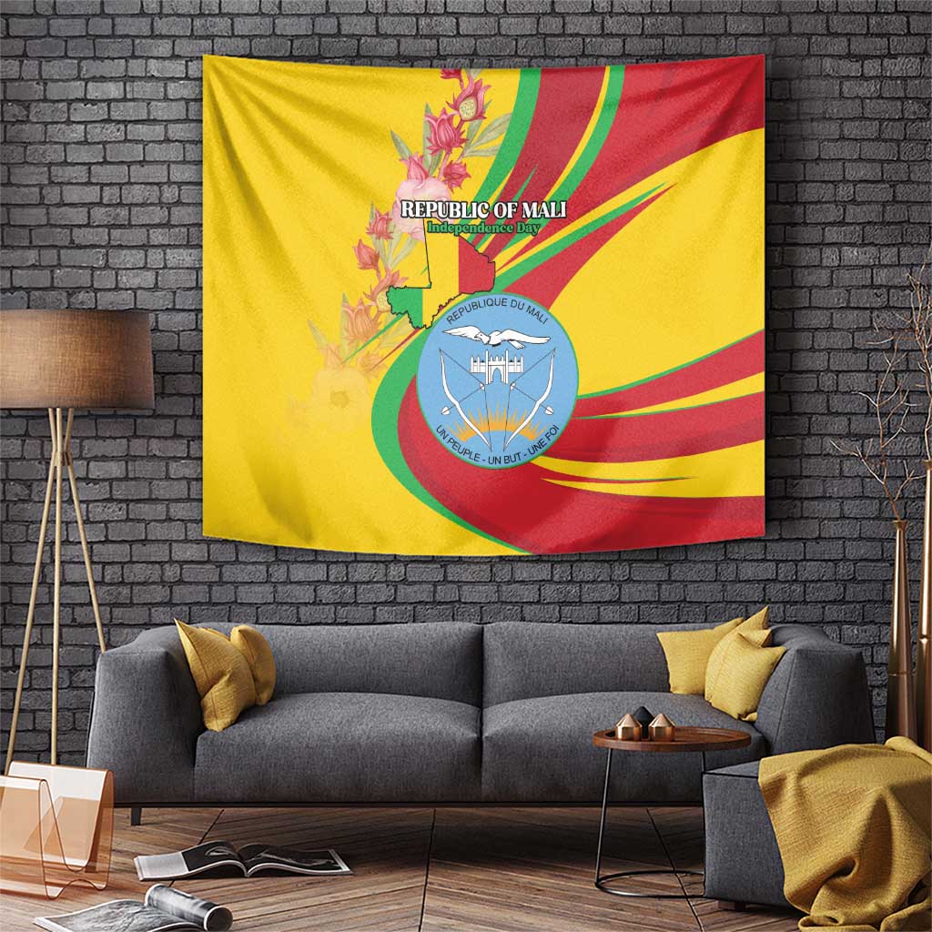 Mali Independence Day Tapestry Coat Of Arms With Hibiscus Sabdariffa - Wonder Print Shop