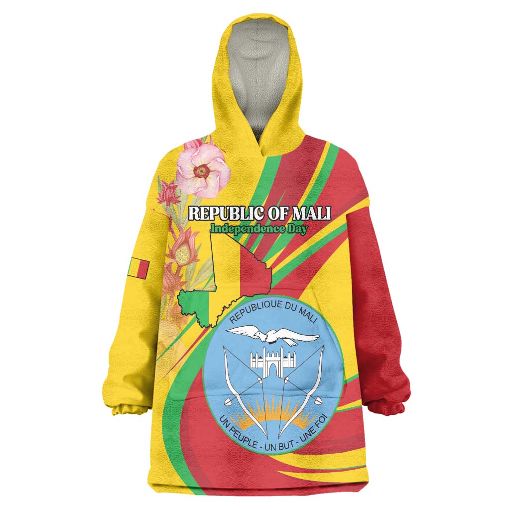 Personalized Mali Independence Day Wearable Blanket Hoodie Coat Of Arms With Hibiscus Sabdariffa - Wonder Print Shop