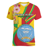 Personalized Mali Independence Day Women V-Neck T-Shirt Coat Of Arms With Hibiscus Sabdariffa - Wonder Print Shop