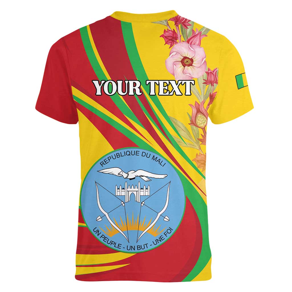 Personalized Mali Independence Day Women V-Neck T-Shirt Coat Of Arms With Hibiscus Sabdariffa - Wonder Print Shop