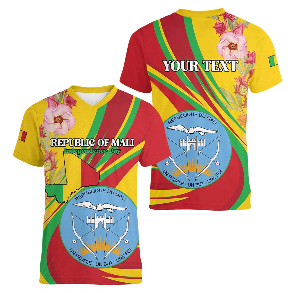 Personalized Mali Independence Day Women V-Neck T-Shirt Coat Of Arms With Hibiscus Sabdariffa - Wonder Print Shop