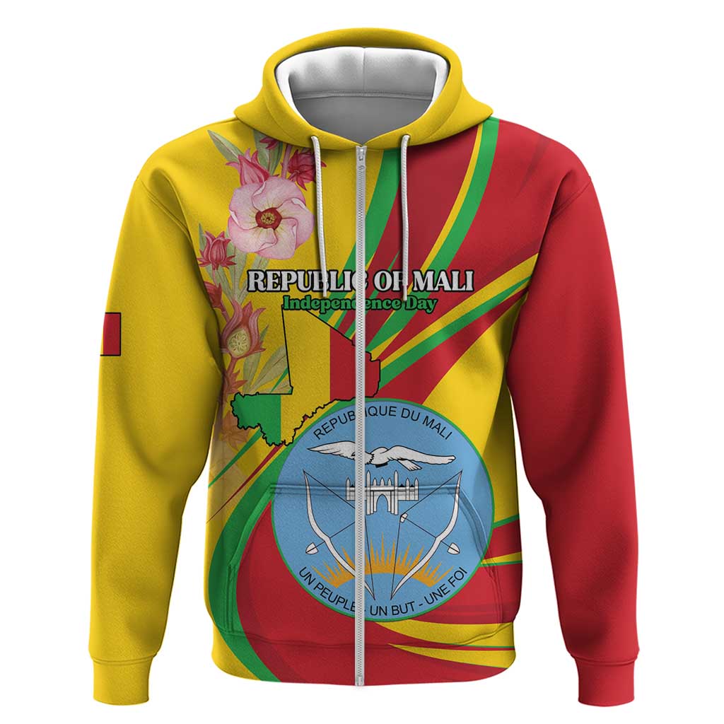 Personalized Mali Independence Day Zip Hoodie Coat Of Arms With Hibiscus Sabdariffa - Wonder Print Shop