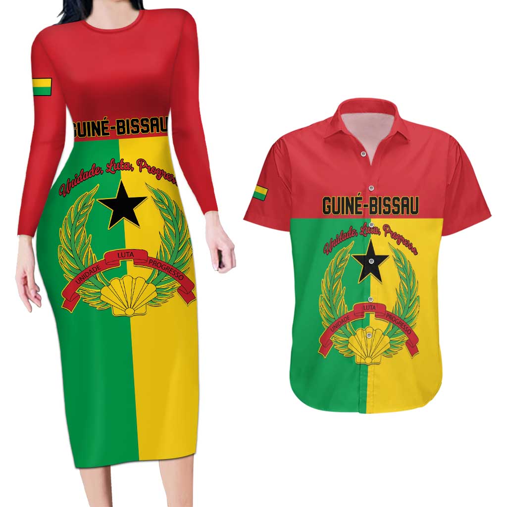 Personalized Guinea-Bissau Couples Matching Long Sleeve Bodycon Dress and Hawaiian Shirt Coat Of Arms Flag Style - Wonder Print Shop