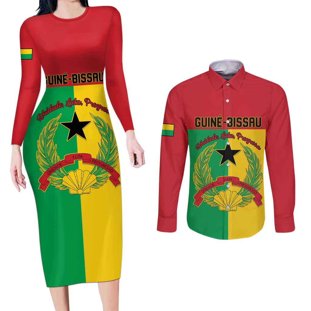 Personalized Guinea-Bissau Couples Matching Long Sleeve Bodycon Dress and Long Sleeve Button Shirt Coat Of Arms Flag Style - Wonder Print Shop