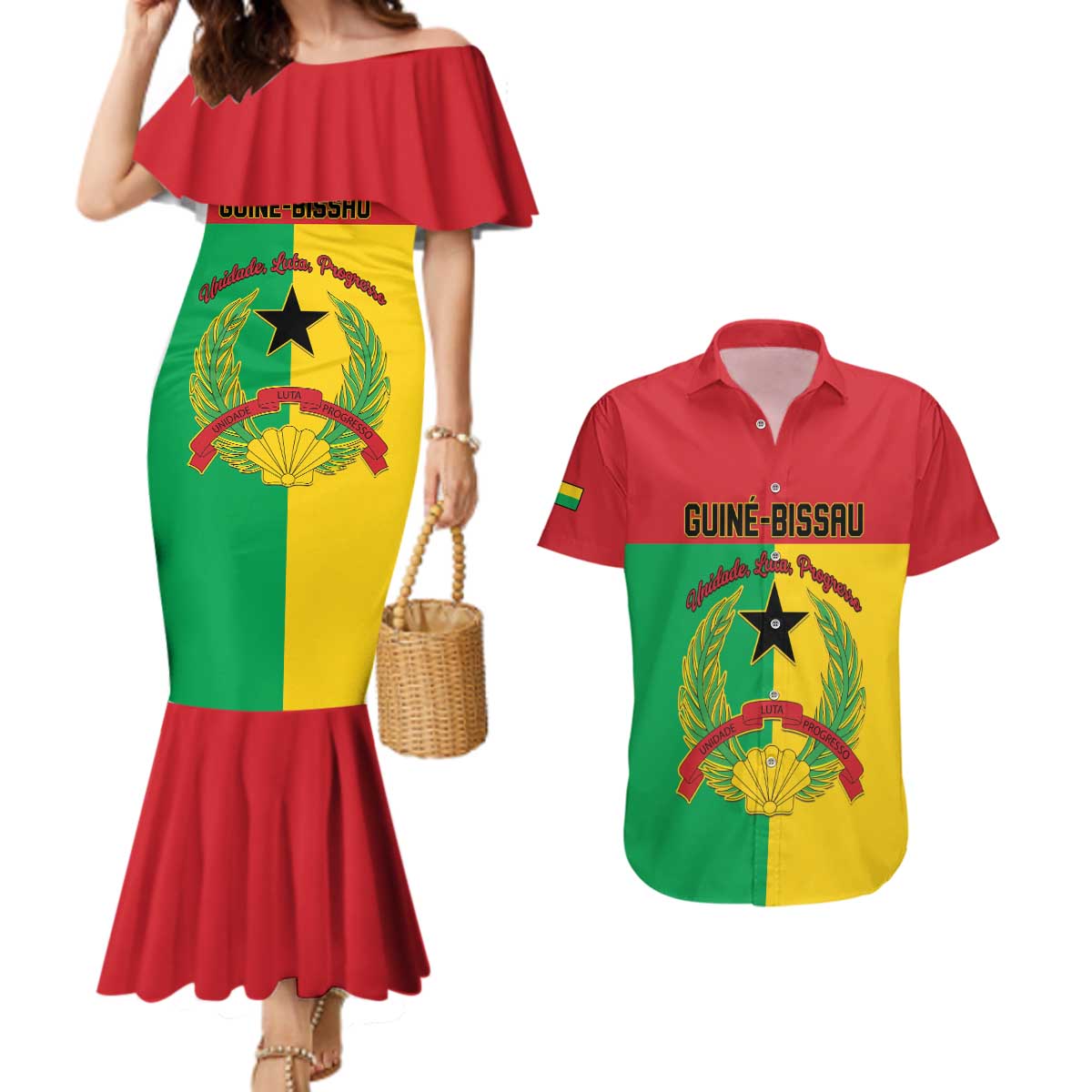 Personalized Guinea-Bissau Couples Matching Mermaid Dress and Hawaiian Shirt Coat Of Arms Flag Style - Wonder Print Shop