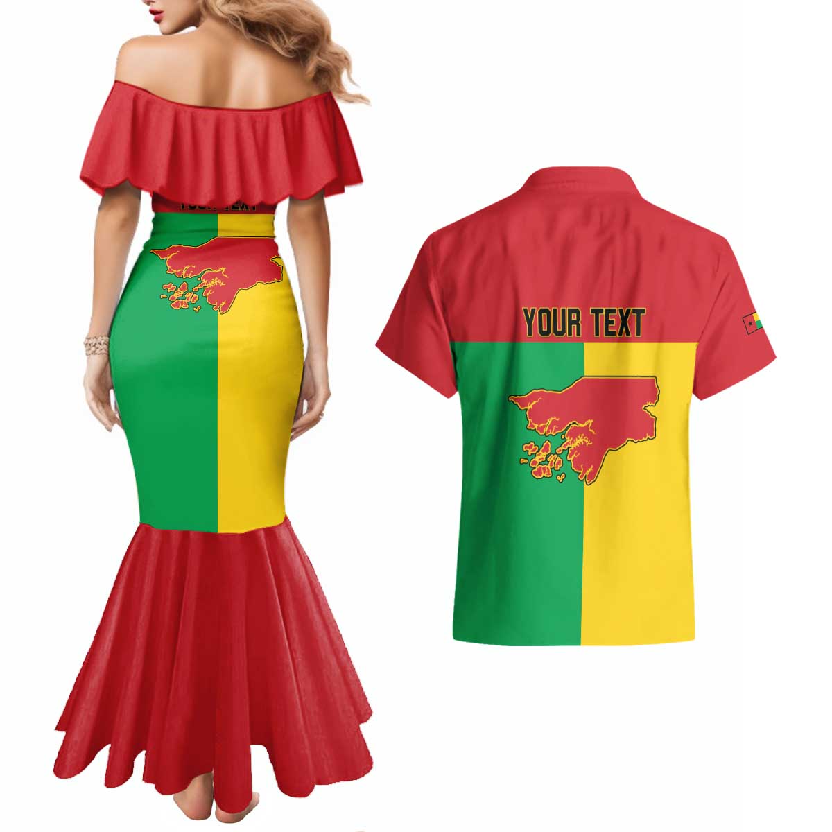 Personalized Guinea-Bissau Couples Matching Mermaid Dress and Hawaiian Shirt Coat Of Arms Flag Style - Wonder Print Shop