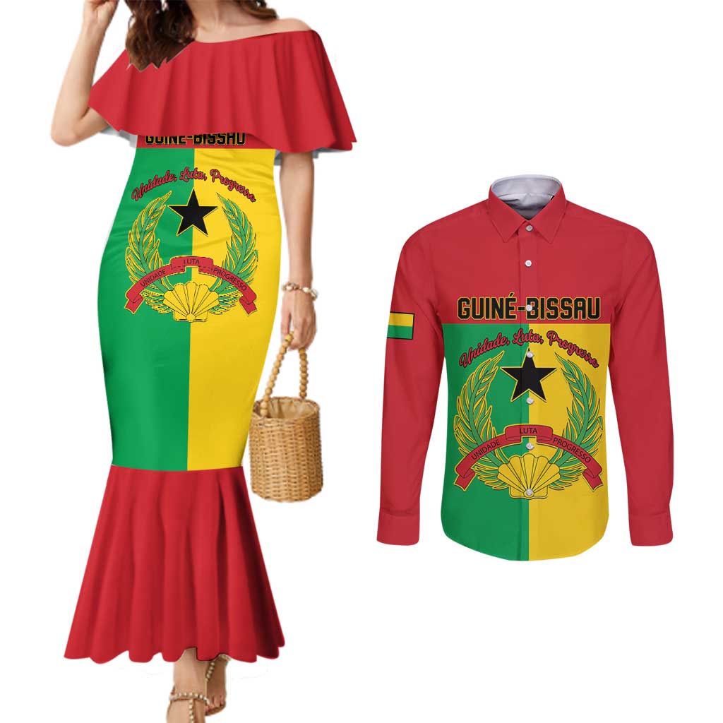 Personalized Guinea-Bissau Couples Matching Mermaid Dress and Long Sleeve Button Shirt Coat Of Arms Flag Style - Wonder Print Shop