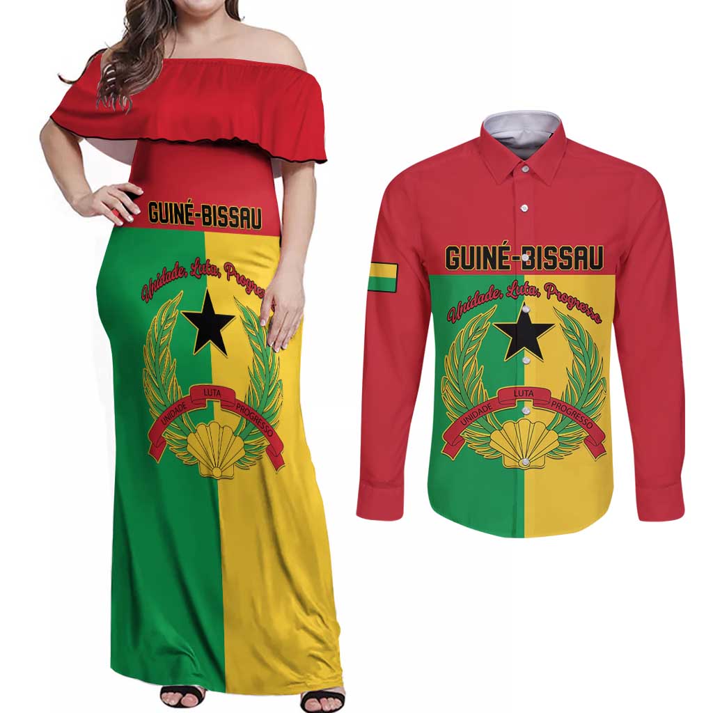 Personalized Guinea-Bissau Couples Matching Off Shoulder Maxi Dress and Long Sleeve Button Shirt Coat Of Arms Flag Style - Wonder Print Shop