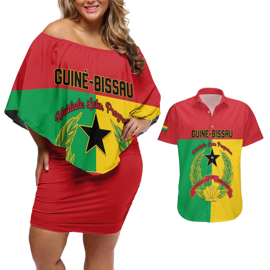 Personalized Guinea-Bissau Couples Matching Off Shoulder Short Dress and Hawaiian Shirt Coat Of Arms Flag Style - Wonder Print Shop