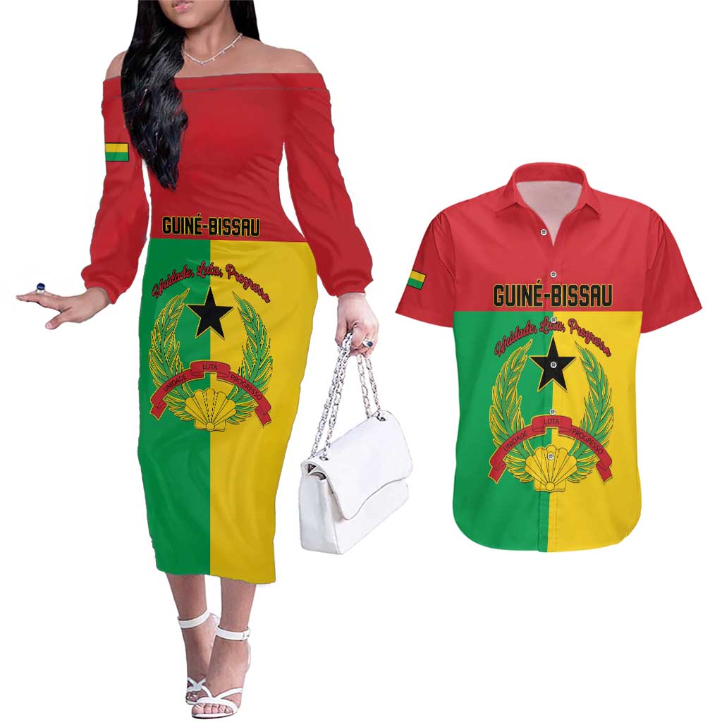 Personalized Guinea-Bissau Couples Matching Off The Shoulder Long Sleeve Dress and Hawaiian Shirt Coat Of Arms Flag Style - Wonder Print Shop