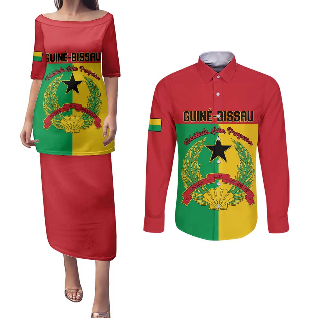 Personalized Guinea-Bissau Couples Matching Puletasi and Long Sleeve Button Shirt Coat Of Arms Flag Style - Wonder Print Shop
